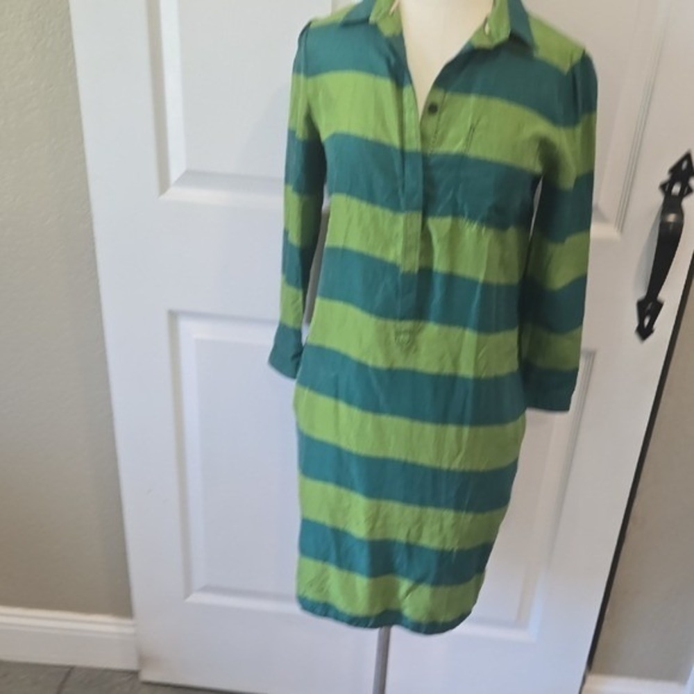 Burberry Brit Silk Striped‎ Shirt Dress Green Teal Size 4 Long Sleeve Pocket
